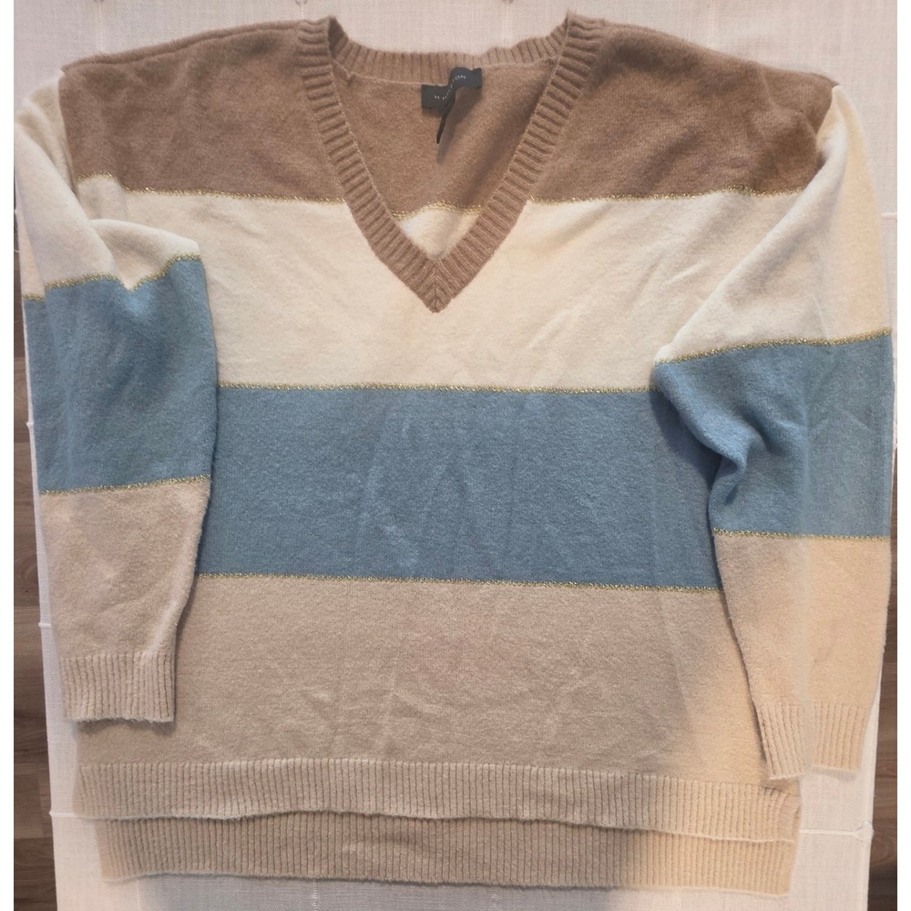 H by Halston Womens XL Colorblock V-Neck Sweater Tan Blue Cream Gold Pullover